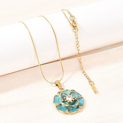 304 Stainless Steel Pave Clear Cubic Zirconia with Enamel Flower Pendant Necklaces NJEW-H088-02G-1