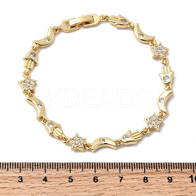 Moon & Star & Hamsa Hand Brass Micro Pave Clear Cubic Zirconia Link Chain Bracelets BJEW-C130-03G-1