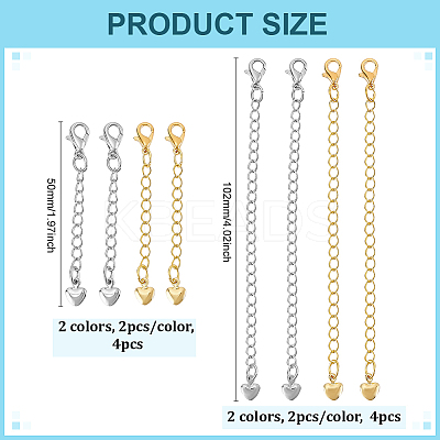 8Pcs 4 Styles Brass Chain Extender with Heart Charms and Lobster Claw Clasp FIND-ME0002-41-1