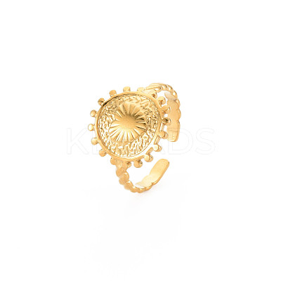 Ion Plating(IP) 304 Stainless Steel Flat Round with Heart Open Cuff Ring for Women RJEW-S405-202G-1