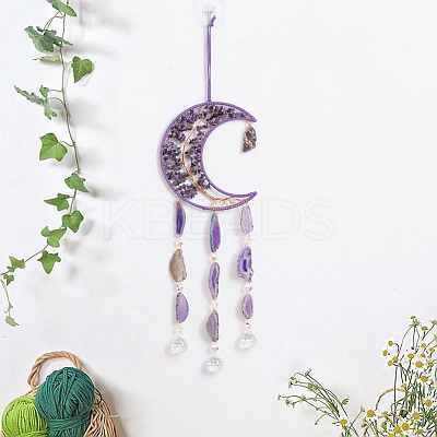 Copper Wire Wrapped Natural Amethyst Chip Moon with Tree of Life Hanging Suncatchers PW-WG46161-01-1