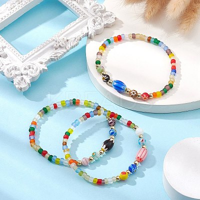 Handmade Millefiori Glass & Seed Beaded Stretch Bracelet BJEW-JB09488-1