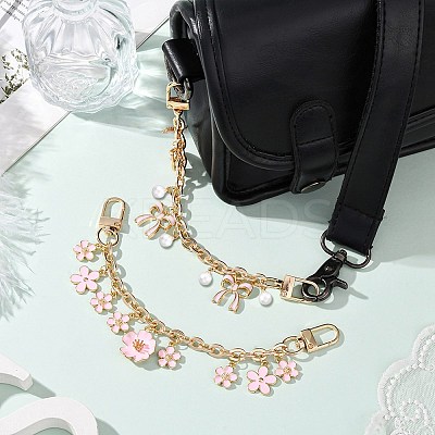2Pcs 2 Styles Alloy Pink Enamel Flower Bowknot Pendant Cable Chain Purse Decorative Chains AJEW-SC0031-22-1