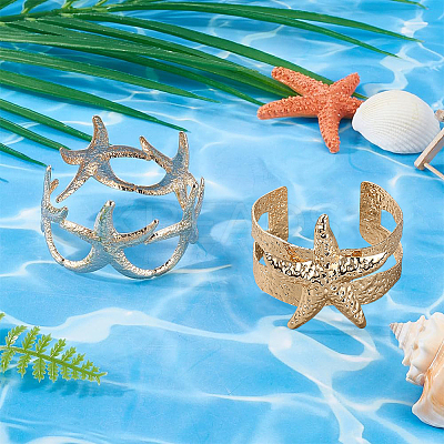 2Pcs 2 Styles  Starfish Alloy Arm Cuff Bangles for Girl Women BJEW-CY0001-05G-1
