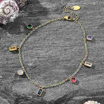 Ion Plating(IP) 304 Stainless Steel Colorful Cubic Zirconia Charm Anklets for Women STAS-P379-01G-1
