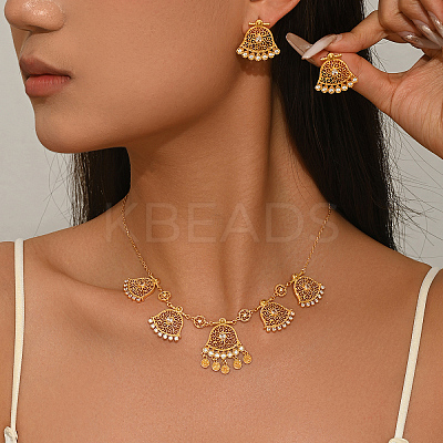 Vintage Brass Micro Pave Clear Cubic Zirconia Filigree Bell Pendant Necklace & Stud Earrings Set for Women JR0711-1