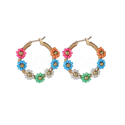 Flower Brass Glass Seed Beaded Hoop Earrings FS-WG0698E-01-1