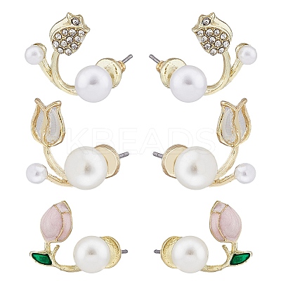 3 Pairs 3 Style Crystal Rhinestone Tulip Flower Stud Earrings with Plastic Pearl Beaded EJEW-FI0001-51-1