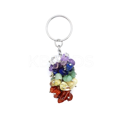 7 Chakras Theme Natural Amethyst & Green Aventurine & Carnelian & Citrine & Lapis Lazuli & Red Jasper & Quartz Crystal Chip Cluster Beads Keychains G-PW0007-034D-1