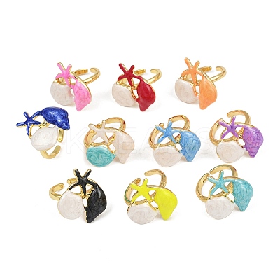 Brass Enamel Adjustable Cuff Rings for Women RJEW-G357-01H-1