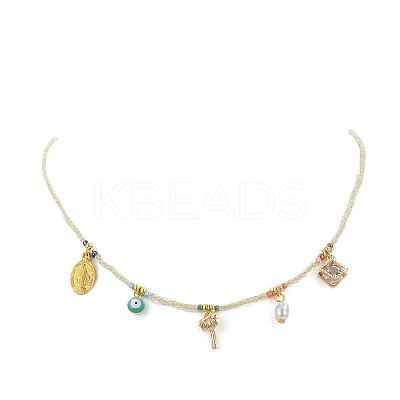 Virgin Mary & Tree & Evil Eye Alloy & Brass Pendant Necklace with Glass Seed Beaded Chains for Women NJEW-JN04289-1