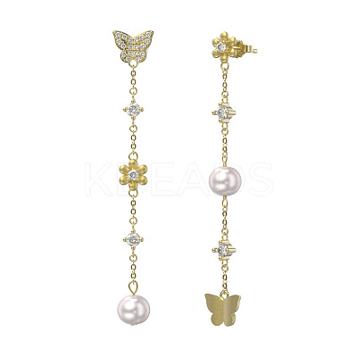 925 Sterling Silver Flower & Butterfly Asymmetrical Earrings with Cubic Zirconia EJEW-P231-31G-1