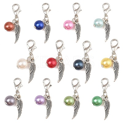 12Pcs 12 Colors Round Acrylic & Wing Alloy Pendant Decoration HJEW-JM02401-1