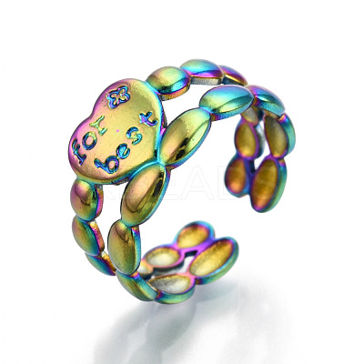 304 Stainless Steel Heart Cuff Rings RJEW-N038-117M-1