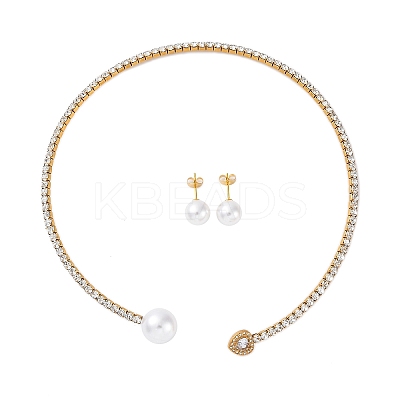 Round Plastic Imitation Pearl Stud Earrings & Cubic Zirconia and Rhinestone Heart Cuff Choker Necklaces Sets SJEW-U003-01G-1