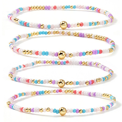 4Pcs Bohemian Glass Seed Bead & Brass Beads Stretch Bracelets for Women DR1565-2-1