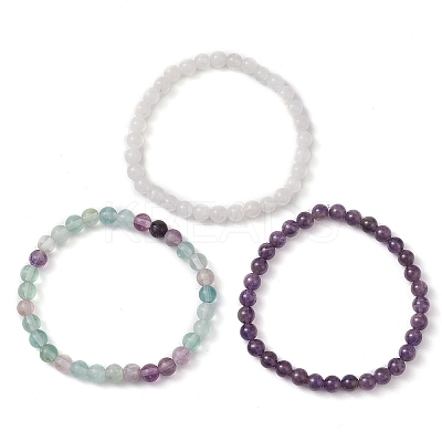 3Pcs 3 Style Natural Mixed Stone Round Beaded Stretch Bracelets BJEW-JB10178-05-1
