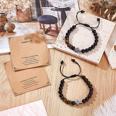 Adjustable Natural Yellow Tiger Eye & Obsidian Round Beaded Braided Bead  Bracelets BJEW-WH0023-97-1