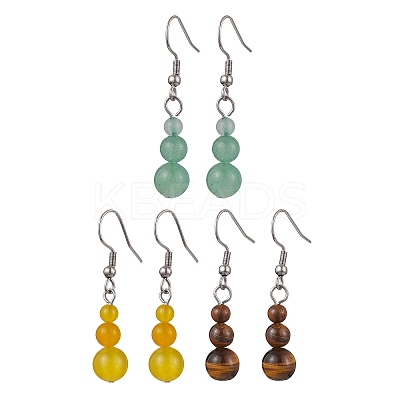 3 Pairs 3 Styles Natural Malaysia Jade & Green Aventurine & Tiger Eye Dangle Earrings EJEW-JE06131-1