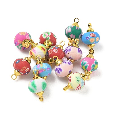 Handmade Polymer Clay Floral Rondelle Connector Charms CLAY-I012-06G-1