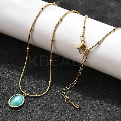 Imitation Cat Eye Oval Pendant Necklace with Round Snake Chains X-NJEW-G085-06G-1