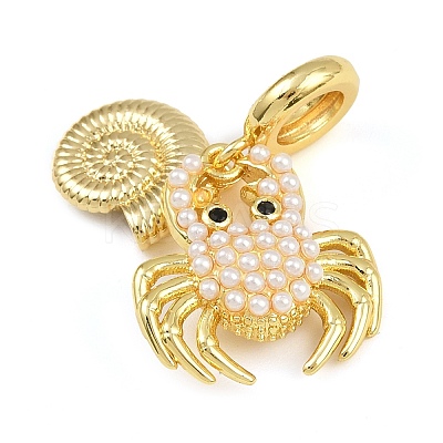 Brass Pave ABS Imitation Pearl Crab Shell Shape European Dangle Charms KK-I352-11G-1