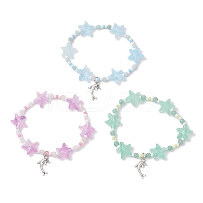 3Pcs 3 Colors Spray Painted Glass Star Beads & Natural Rose Quartz & Amazonite & Green Aventurine Beads Stretch Bracelets for Women BJEW-MZ00175-1