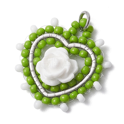 Glass Seed Beaded Heart with Rose Pendants PALLOY-MZ01030-01-1