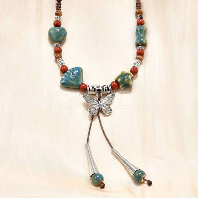 Ethnic Style Alloy & Porcelain Ceramic Beads Butterfly Pendant Tassel Y Necklaces LS-NJEW-D308-01B-1
