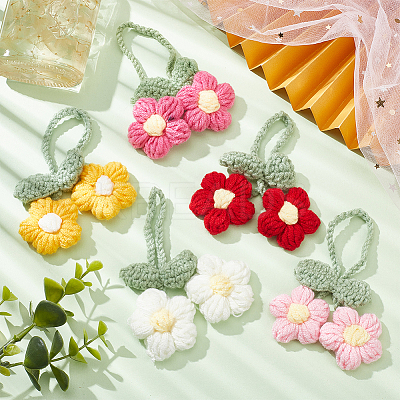5Pcs 5 Colors Crochet Puff Flower Pendant Decorations with Adjustable Leaf DIY-FG0004-12-1