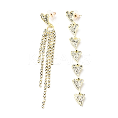 Crystal Rhinestone Heart Tassel Asymmetrical Earrings with 925 Sterling Silver Pins EJEW-C037-05LG-1