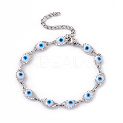 304 Stainless Steel Horse Eye Link Chain Bracelet with Resin Evil Eye Beaded for Women BJEW-F439-01P-01-1