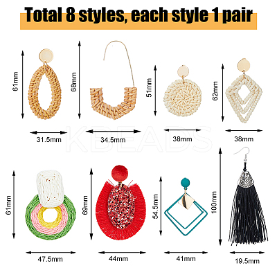8 Pairs 8 Style Alloy & Raffia & Wood & Polyester Dangle Stud Earrings for Women EJEW-FI0002-76-1