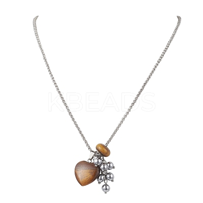 Natural Tiger Eye with Synthetic Non-magnetic Hematite Beads Cluster Pendant 304 Stainless Steel Rolo Chain Necklaces NJEW-JN05896-1
