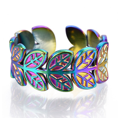 304 Stainless Steel Leaf Cuff Rings RJEW-N038-110M-1