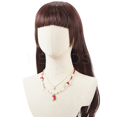 2Pcs 2 Style Alloy Enamel Mushroom Pendant Necklaces Set NJEW-JN04095-1