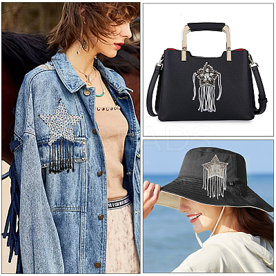 4Pcs 4 Style Star with Glass Bead Tassels Appliques DIY-BC0006-54-1