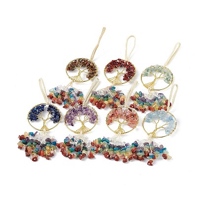 Natural Mixed Gemstone Chips Tree of Life with Chips Tassel Big Pendant Decorations HJEW-H057-03G-A-1