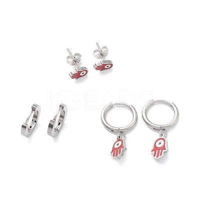 3 Pairs 3 Style Enamel Hamsa Hand with Evil Eye Dangle Hoop Earrings EJEW-B020-08P-1