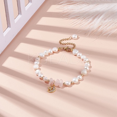 Natural Rose Quartz Chips & Pearl Beaded Bracelet BJEW-JB08236-01-1