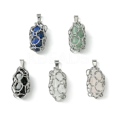 Natural Mixed Stone Stainless Steel Ring Wrapped Pointed Pendants PALLOY-JF02496-01-1