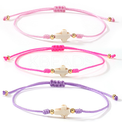 3Pcs Dyed Synthetic White Turquoise & Brass Beaded Braided Bead Bracelets QB7029-13-1