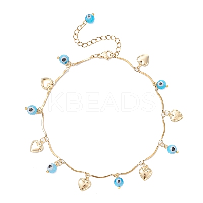 Handmade Evil Eye Lampwork & Stainless Steel Heart Tassel 304 Stainless Steel Curved Bar Link Chain Anklets for Women AJEW-AN00742-03-1