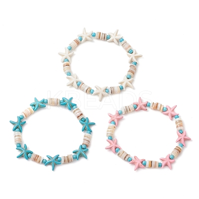 3Pcs Synthetic Turquoise & Natural Freshwater Shell Beads Stretch Bracelets for Women BJEW-JB12021-1