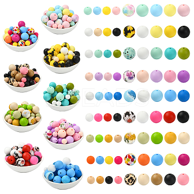 90Pcs 9 Styles Round Silicone Focal Beads SIL-YW0001-77-1