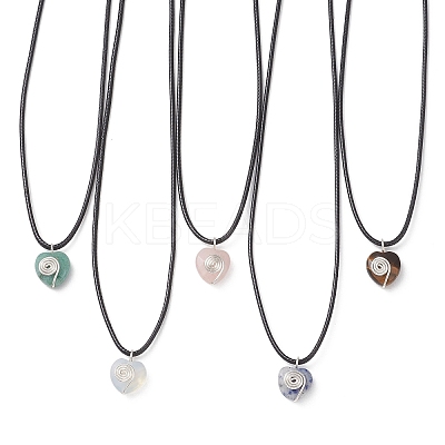 Opalite & Natural Green Aventurine & Tiger Eye & Blue Spot Jasper & Rose Quartz Copper Wire Wrapped Faceted Heart Pendant Black PU Leather Cord Necklaces NJEW-JN05837-1
