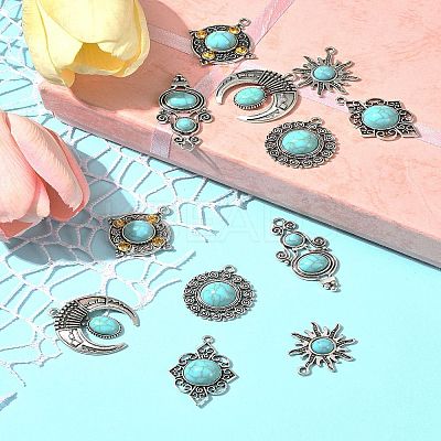 12Pcs 6 Styles Tibetan Style Alloy Pave Imitation Turquoise Pendants FIND-FS0002-81-1