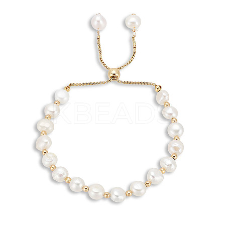 Dyed Natural Pearl & Brass Round Beaded Slider Bracelet BJEW-AN0001-02-1