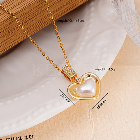Brass Pave Cubic Zirconia with Imitation Pearl Heart Pendant Necklaces for Women FS-WG96657-01-1