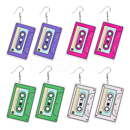 4 Pairs 4 Colors Acrylic Audio Tape Shape Dangle Earrings with 304 Stainless Steel Pins for Women EJEW-FI0003-26-1